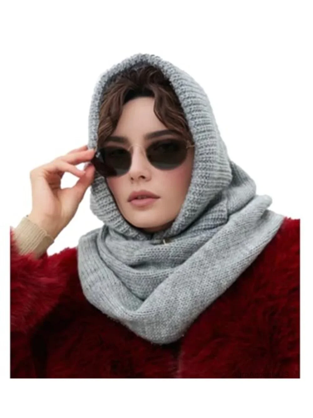 2-in-1 Hooded Scarf Hat Women Winter Knit Balaclava Beanie Cotton Polyester